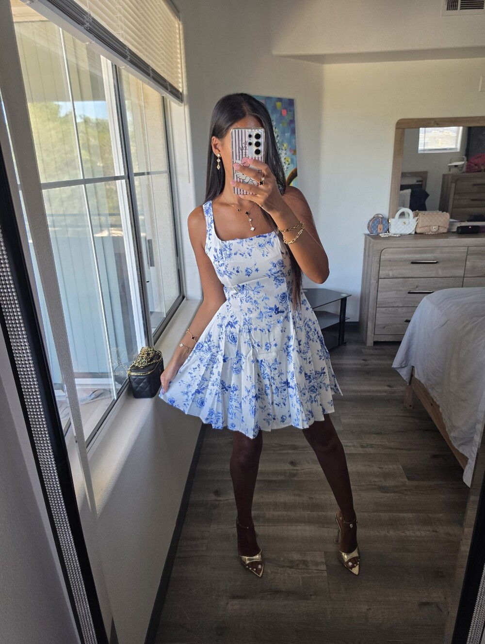 White Mini Dress with Blue Floral Print - Picture 3 of 13